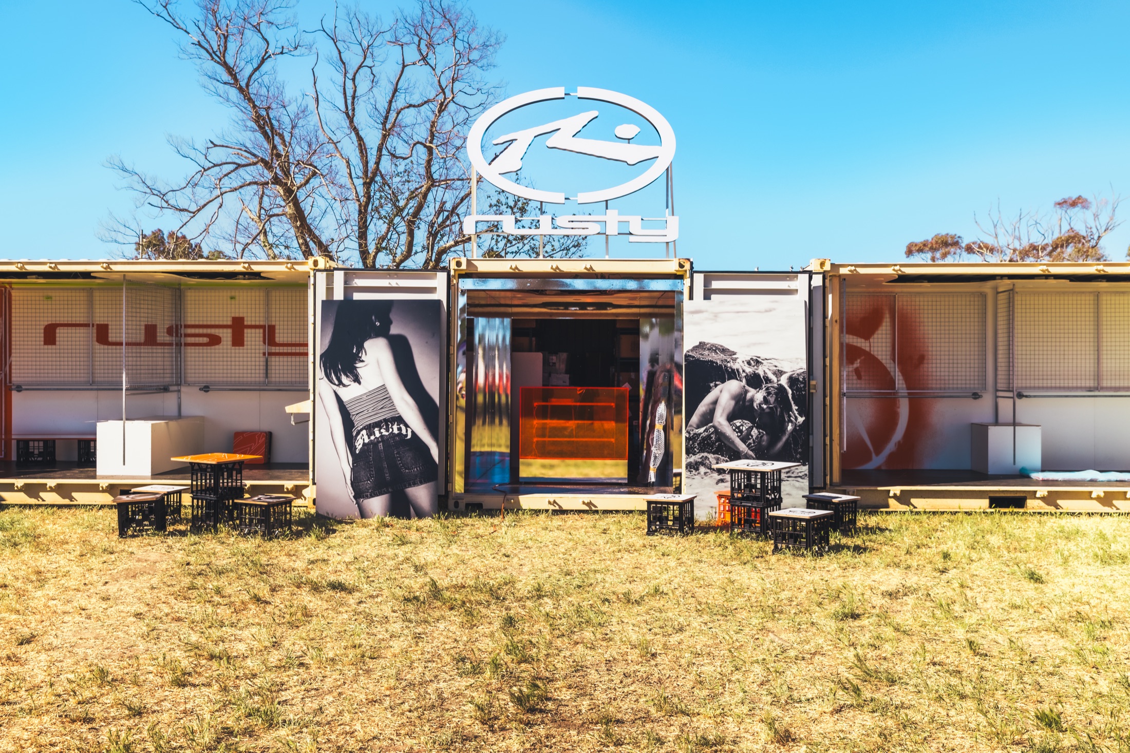 Rusty shipping-container activation build, on site with Burst